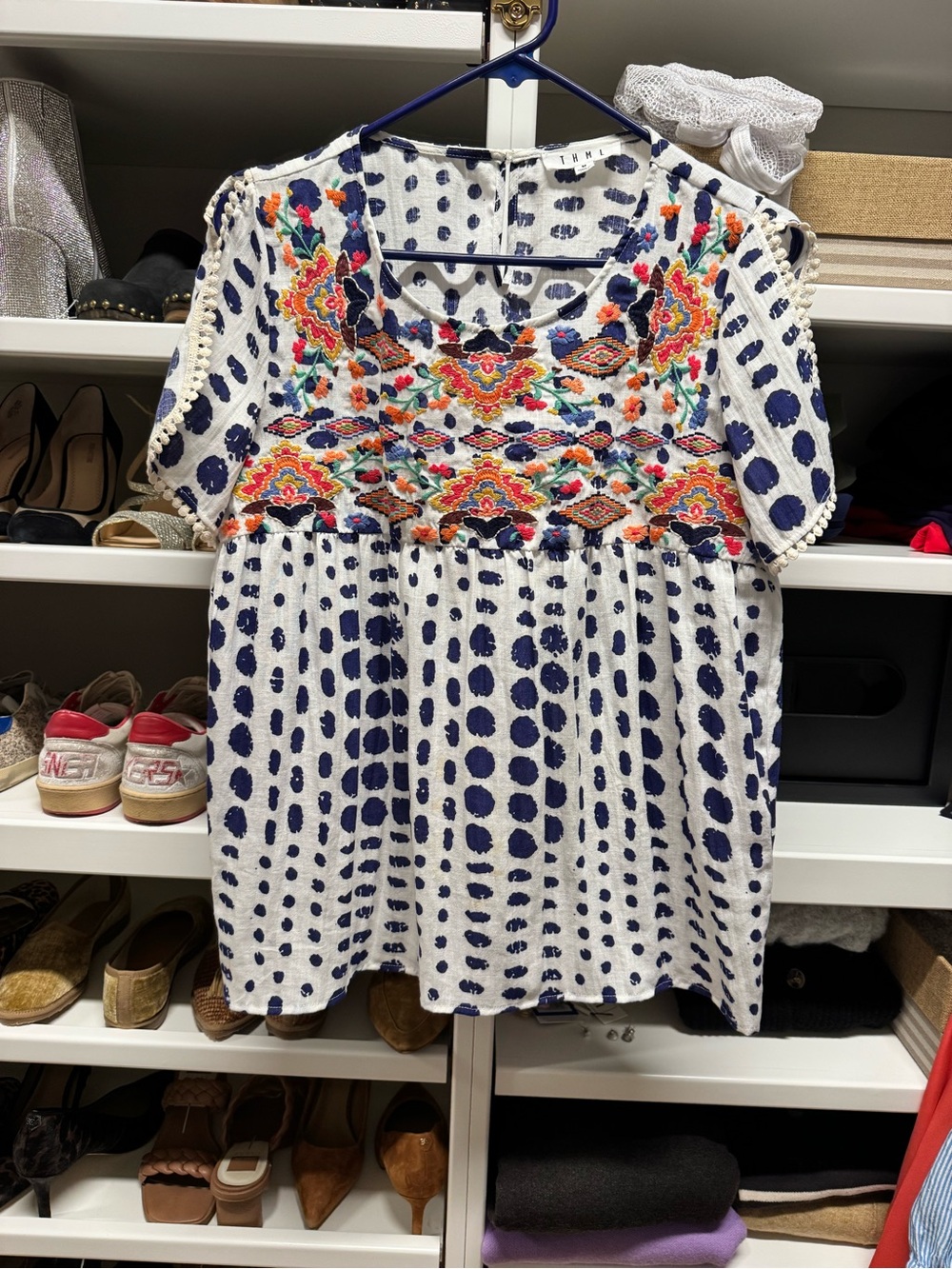 THML White Navy Dot Embroidered Peasant Tunic